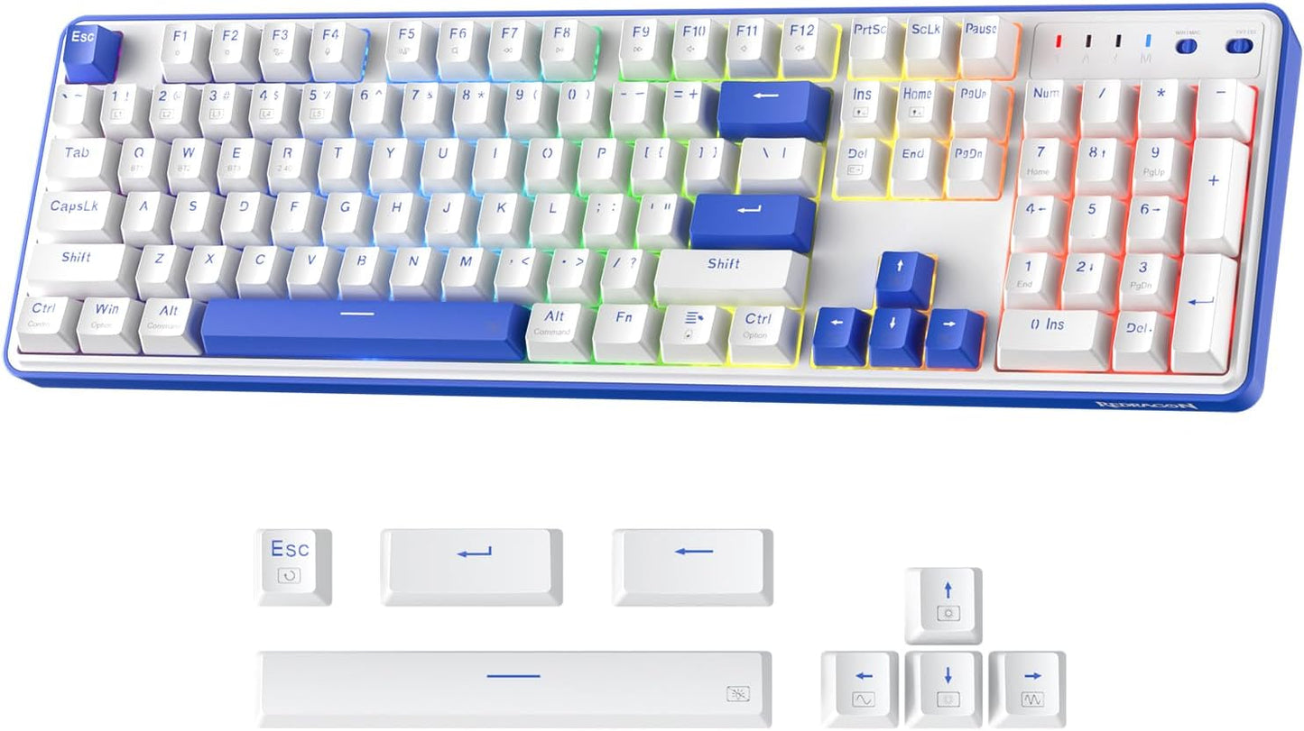 Redragon K685 PRO 104 Keys Wireless Gasket RGB Gaming Keyboard, 3-Modes 100% Layout Mechanical Keyboard w/Hot-Swap Socket, Sound Absorbing Pads & Linear Red Switch, Klein Blue & Oia White