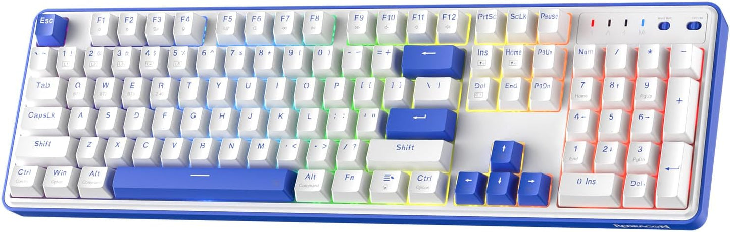 Redragon K685 PRO 104 Keys Wireless Gasket RGB Gaming Keyboard, 3-Modes 100% Layout Mechanical Keyboard w/Hot-Swap Socket, Sound Absorbing Pads & Linear Red Switch, Klein Blue & Oia White