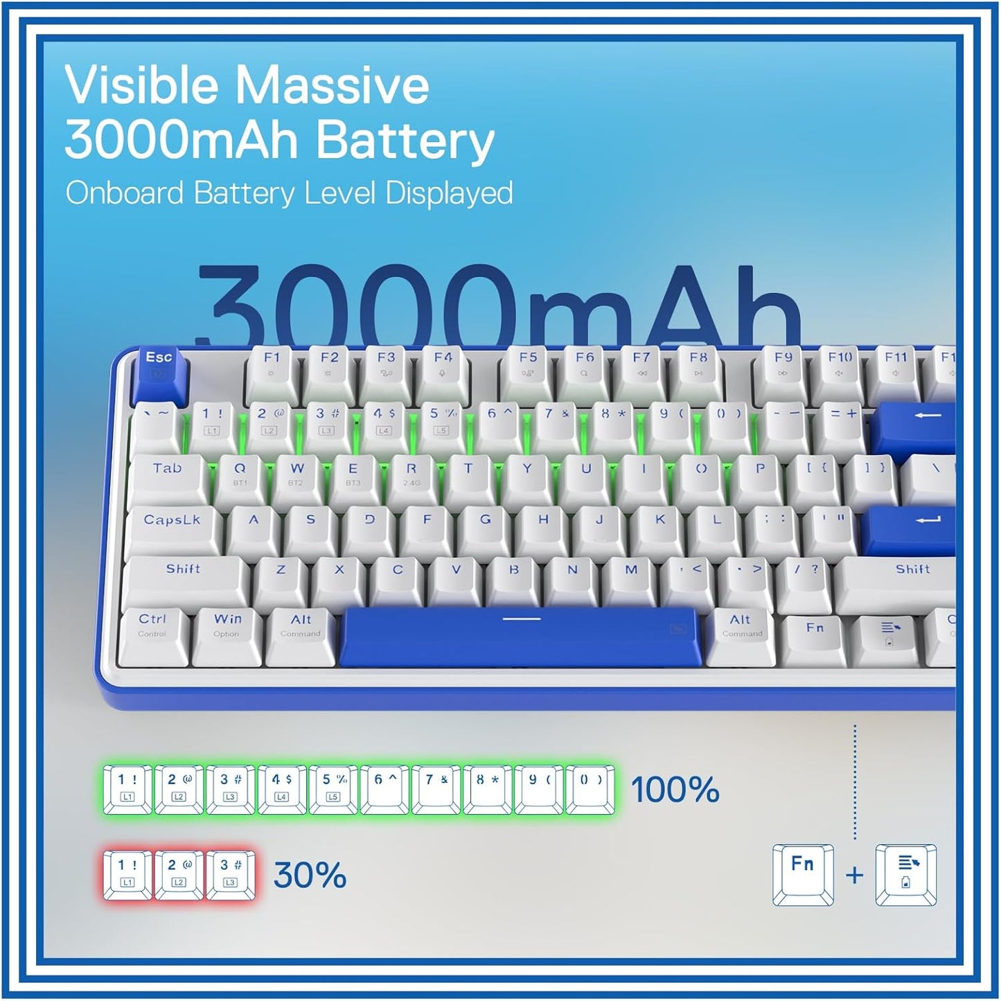 Redragon K685 PRO 104 Keys Wireless Gasket RGB Gaming Keyboard, 3-Modes 100% Layout Mechanical Keyboard w/Hot-Swap Socket, Sound Absorbing Pads & Linear Red Switch, Klein Blue & Oia White
