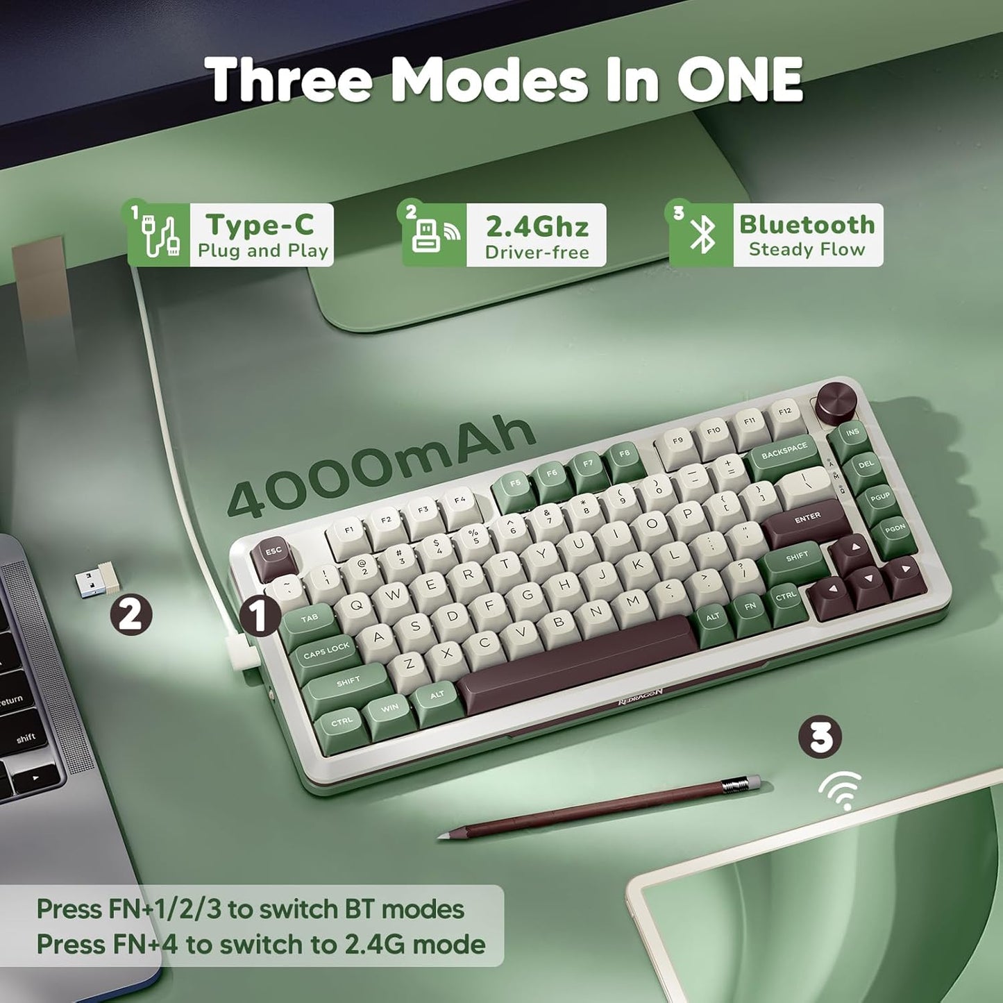 Redragon K681 Pro Wireless Mechanical Keyboard, Gasket Mounted RGB Gaming Keyboard with Volume Knob, MDA-Profile, Pre-Lubed Linear Switches, 81 Keys 75% Tri-Mode Hot Swappable for PC/Xbox/PS (Matcha)