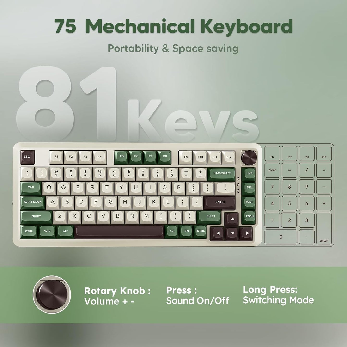 Redragon K681 Pro Wireless Mechanical Keyboard, Gasket Mounted RGB Gaming Keyboard with Volume Knob, MDA-Profile, Pre-Lubed Linear Switches, 81 Keys 75% Tri-Mode Hot Swappable for PC/Xbox/PS (Matcha)
