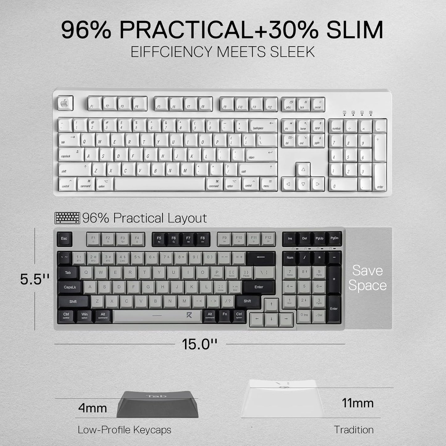 Redragon BK7114 Low-Profile Wireless Computer Keyboard, 98 Keys Slim Office PC Scissors Mechanism Keyboard w/ 2.4G BT Wireless Connection, Tactile Quiet Keystroke, Mixed Color Keycaps
