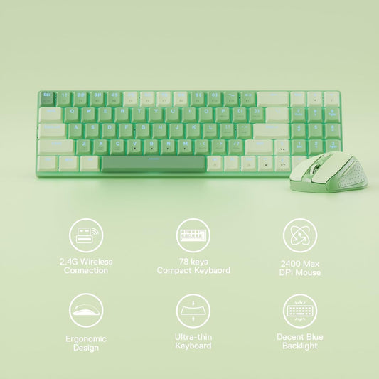 Redragon BS8772 Wireless Keyboard and Mouse Combo, 75% 78 Keys 2.4Ghz Wireless Low-Profile Mechanical Keyboard w/Rechargeable Battery, Single Blue Blacklight, 2400 DPI Ergonomic Mouse
