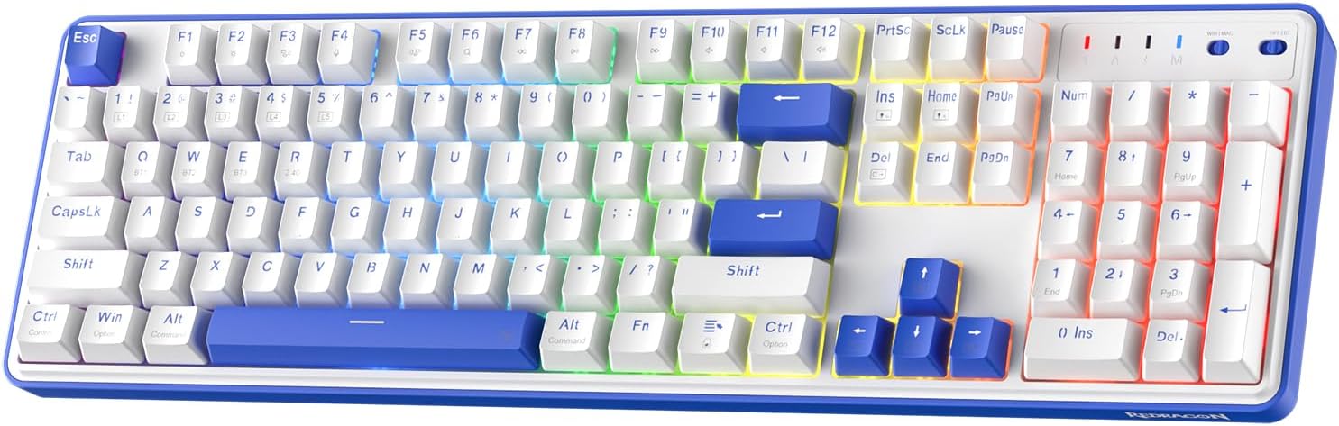 Redragon K685 PRO 104 Keys Wireless Gasket RGB Gaming Keyboard, 3-Modes 100% Layout Mechanical Keyboard w/Hot-Swap Socket, Sound Absorbing Pads & Linear Red Switch, Klein Blue & Oia White