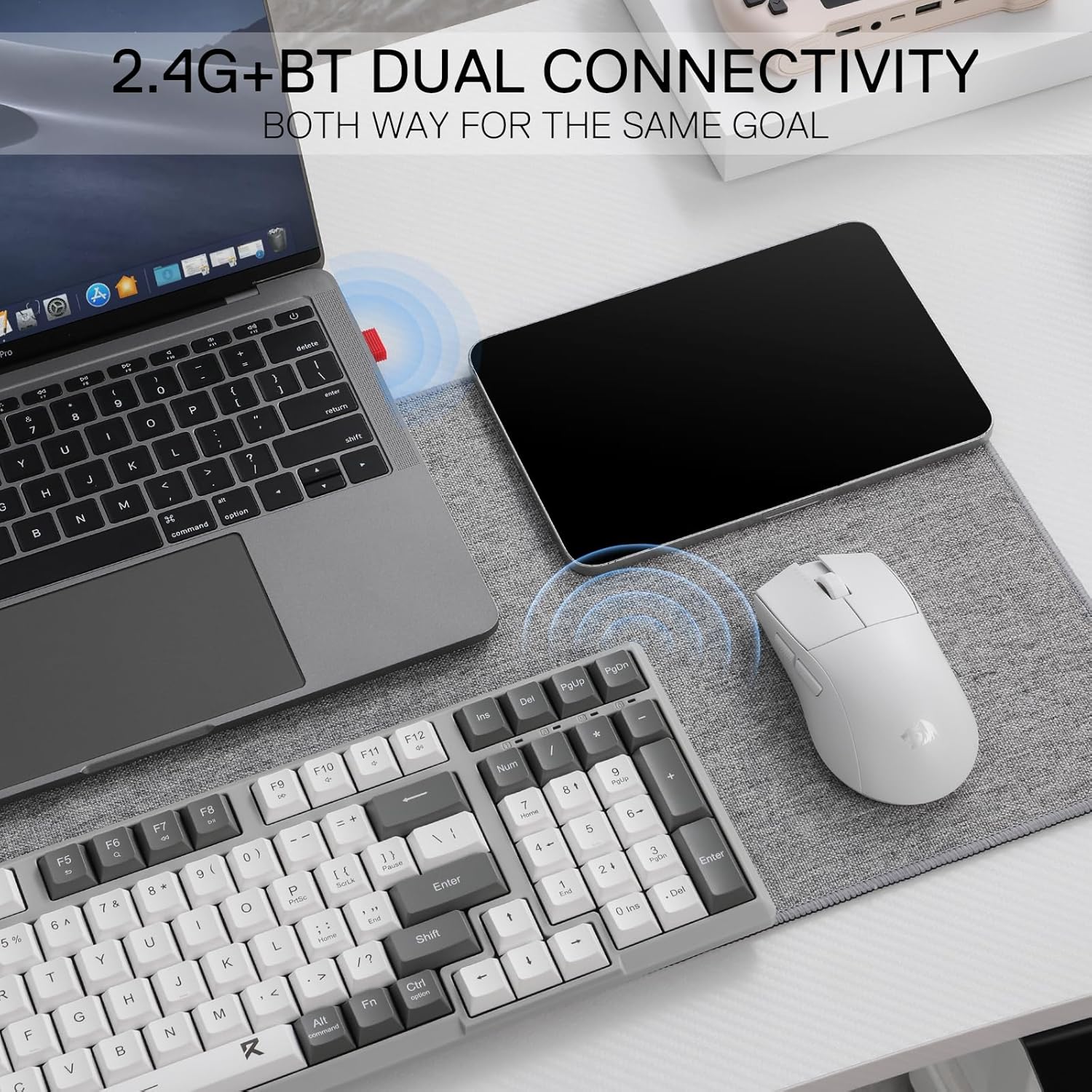 Redragon BK7114 Low-Profile Wireless Computer Keyboard, 98 Keys Slim Office PC Scissors Mechanism Keyboard w/ 2.4G BT Wireless Connection, Tactile Quiet Keystroke, Mixed Color Keycaps