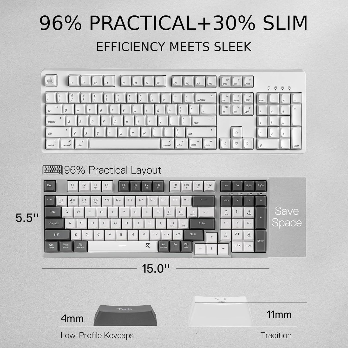 Redragon BK7114 Low-Profile Wireless Computer Keyboard, 98 Keys Slim Office PC Scissors Mechanism Keyboard w/ 2.4G BT Wireless Connection, Tactile Quiet Keystroke, Mixed Color Keycaps