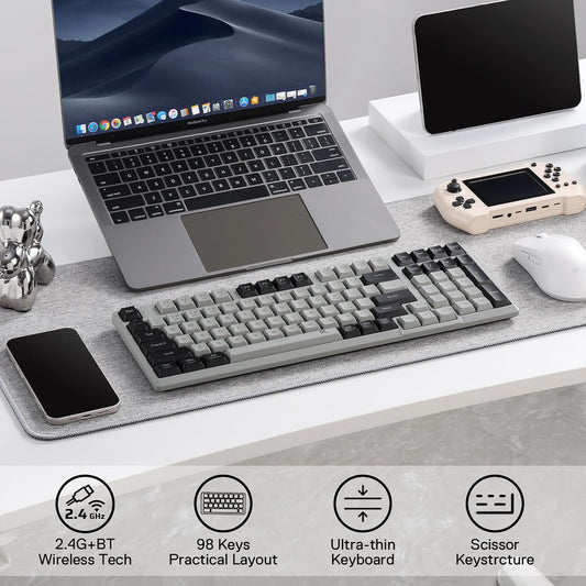 Redragon BK7114 Low-Profile Wireless Computer Keyboard, 98 Keys Slim Office PC Scissors Mechanism Keyboard w/ 2.4G BT Wireless Connection, Tactile Quiet Keystroke, Mixed Color Keycaps